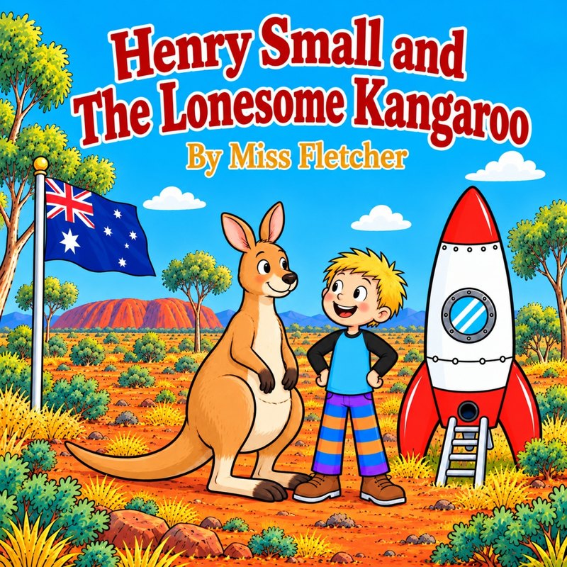 Cover of Henry Small and The Lonesome Kangaroo by Miss Fletcher: Henry stands beside a kangaroo and a red and white rocket in the Australian outback