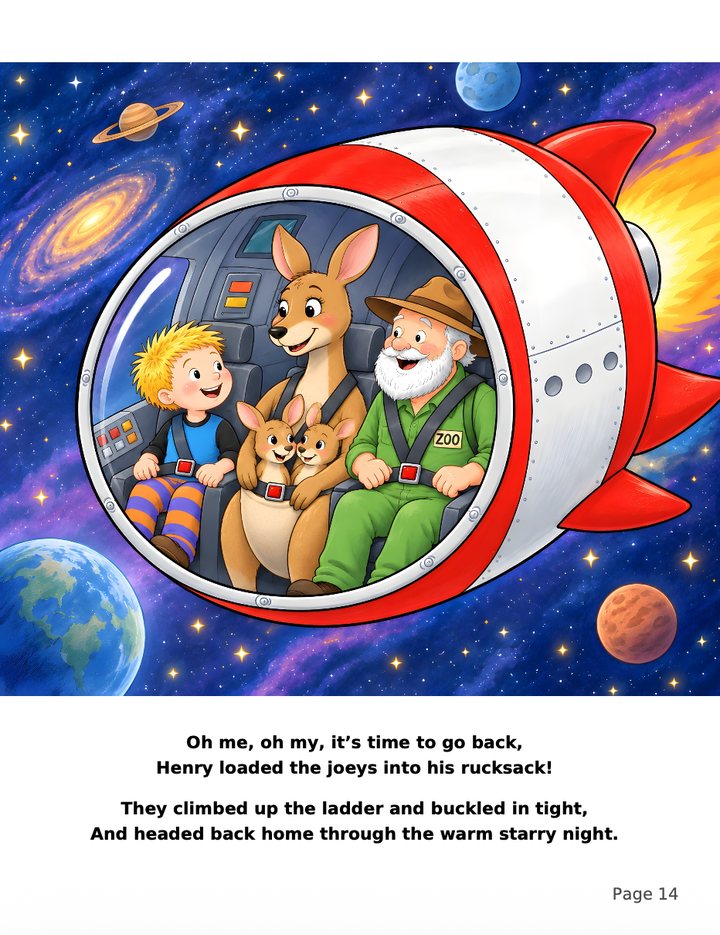 Page 14: Henry, Big Bobby's new family and Joe the zookeeper buckled into the rocket, flying home through space. Oh me, oh my, it's time to go back, Henry loaded the joeys into his rucksack! They climbed up the ladder and buckled in tight, and headed back home through the warm starry night.
