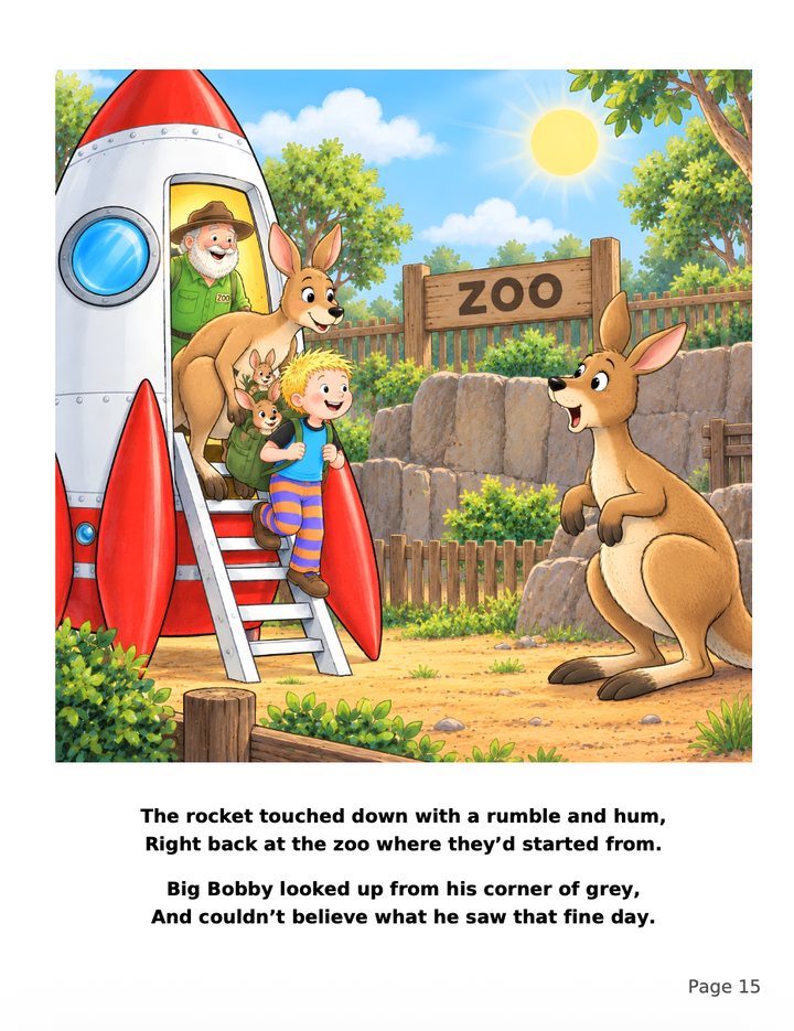 Page 15: The rocket touches down at the zoo and Big Bobby looks up in amazement. The rocket touched down with a rumble and hum, right back at the zoo where they'd started from. Big Bobby looked up from his corner of grey, and couldn't believe what he saw that fine day.