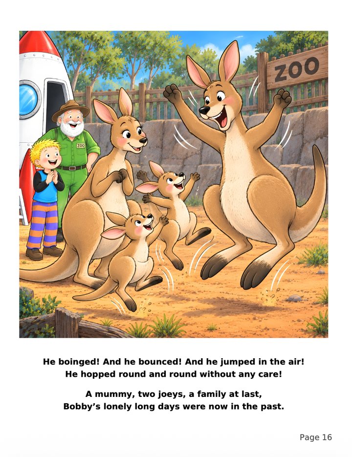 Page 16: Big Bobby bounces for joy as he meets the mummy kangaroo and two joeys. He boinged! And he bounced! And he jumped in the air! He hopped round and round without any care! A mummy, two joeys, a family at last, Bobby's lonely long days were now in the past.