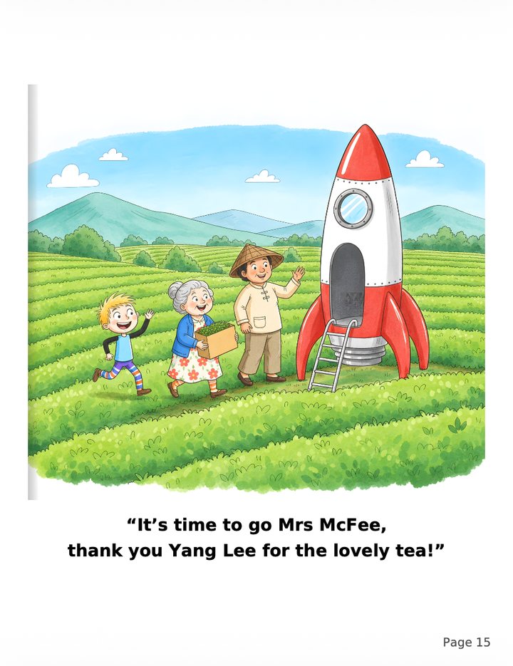 Page 15: Henry, Mrs McFee and Yang Lee walk through the tea fields to the rocket. &ldquo;It&rsquo;s time to go Mrs McFee, thank you Yang Lee for the lovely tea!&rdquo;