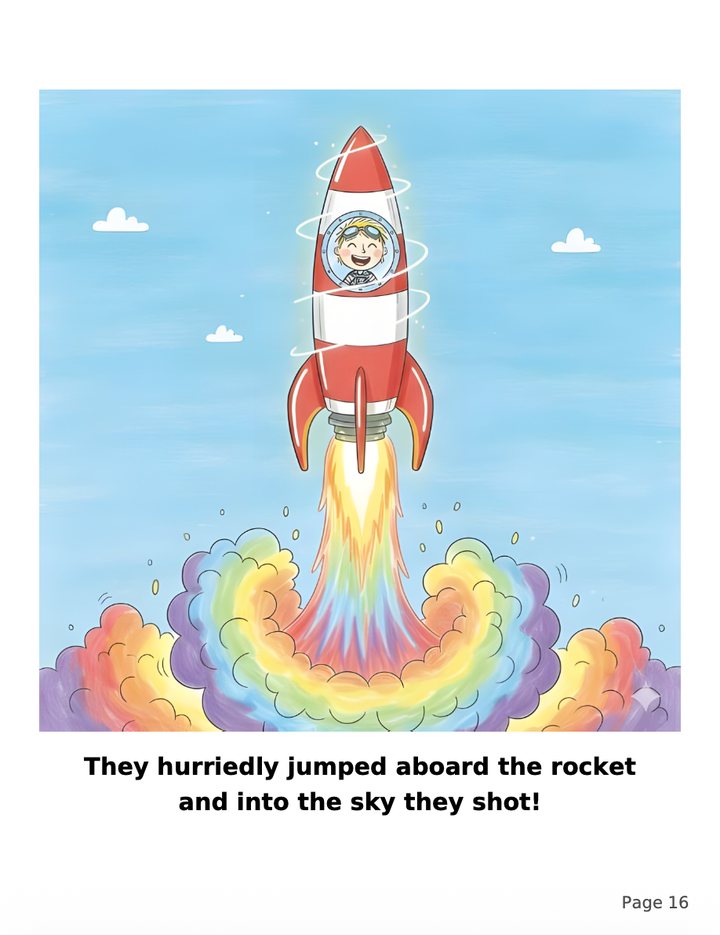 Page 16: The rocket blasts into the sky with a rainbow trail. They hurriedly jumped aboard the rocket and into the sky they shot!