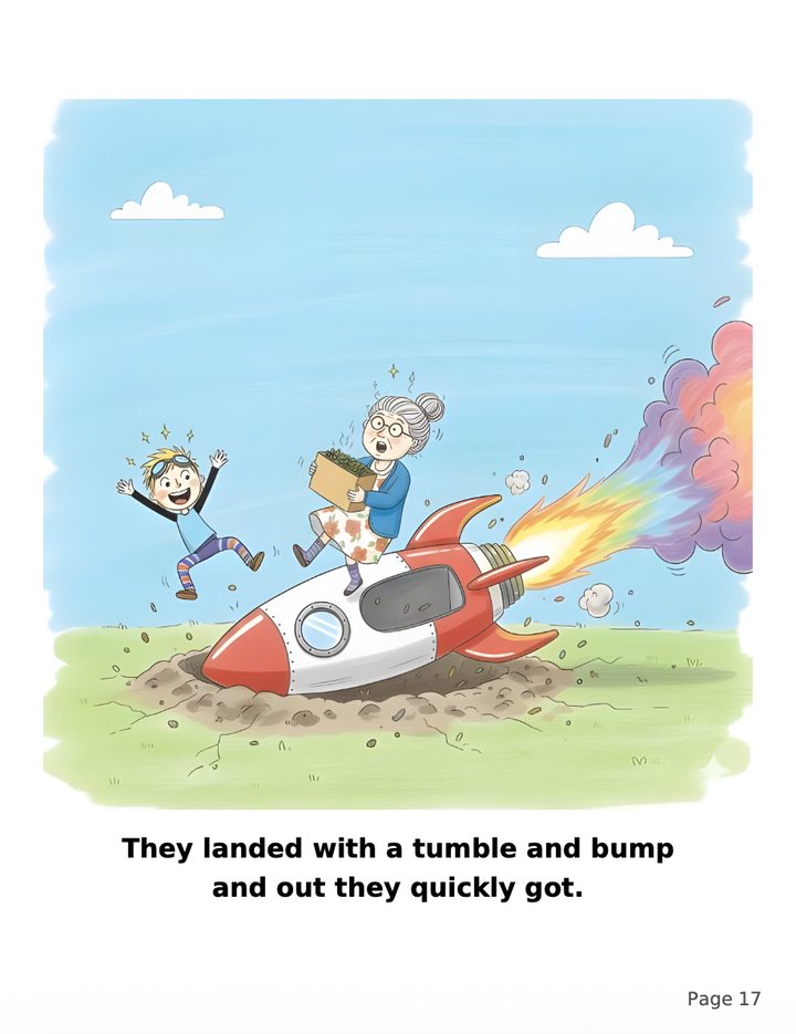 Page 17: The rocket crash-lands in a field with Henry and Mrs McFee tumbling out. They landed with a tumble and bump and out they quickly got.