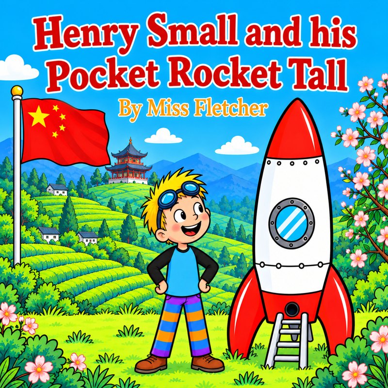 Cover of Henry Small and his Pocket Rocket Tall by Miss Fletcher: Henry stands beside a red and white rocket in front of a Chinese flag and tea-covered hills